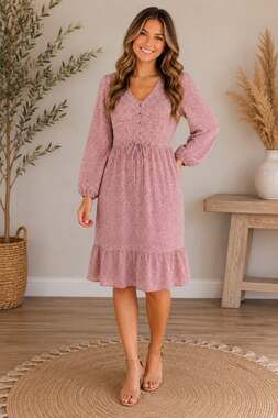 Mikarose Emory Dress Medium Blush Pink Polka Dot V Neck Ruffle Hem Midi